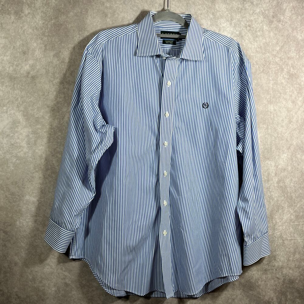 Lauren Ralph Lauren Dress Shirt Mens Size‎ 17 32/33 Blue White Striped Non-Iron